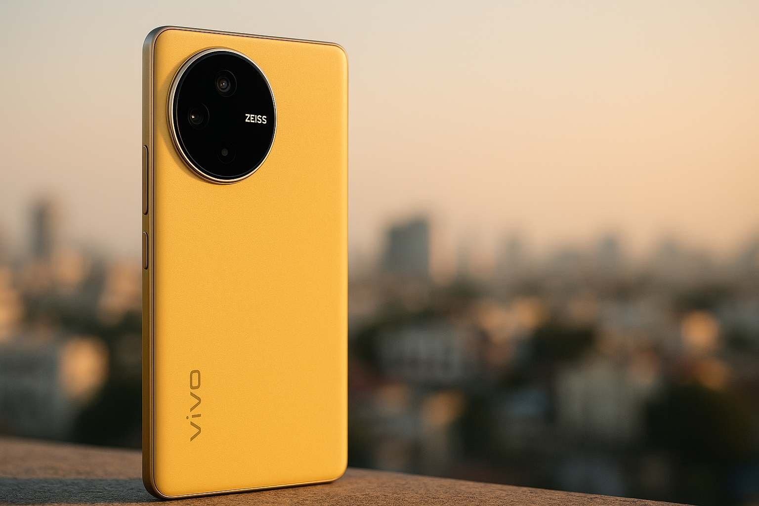 Vivo X200 FE in Amber Yellow with ZEISS camera module, shot against a soft cityscape background.”