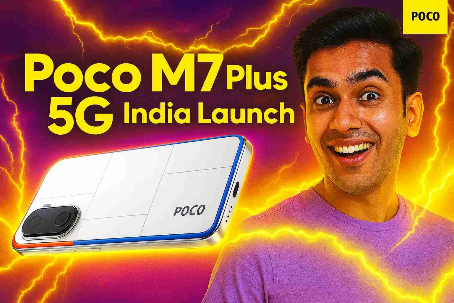 Poco M7 Plus 5G launch coverage thumbnail with price and specifications."